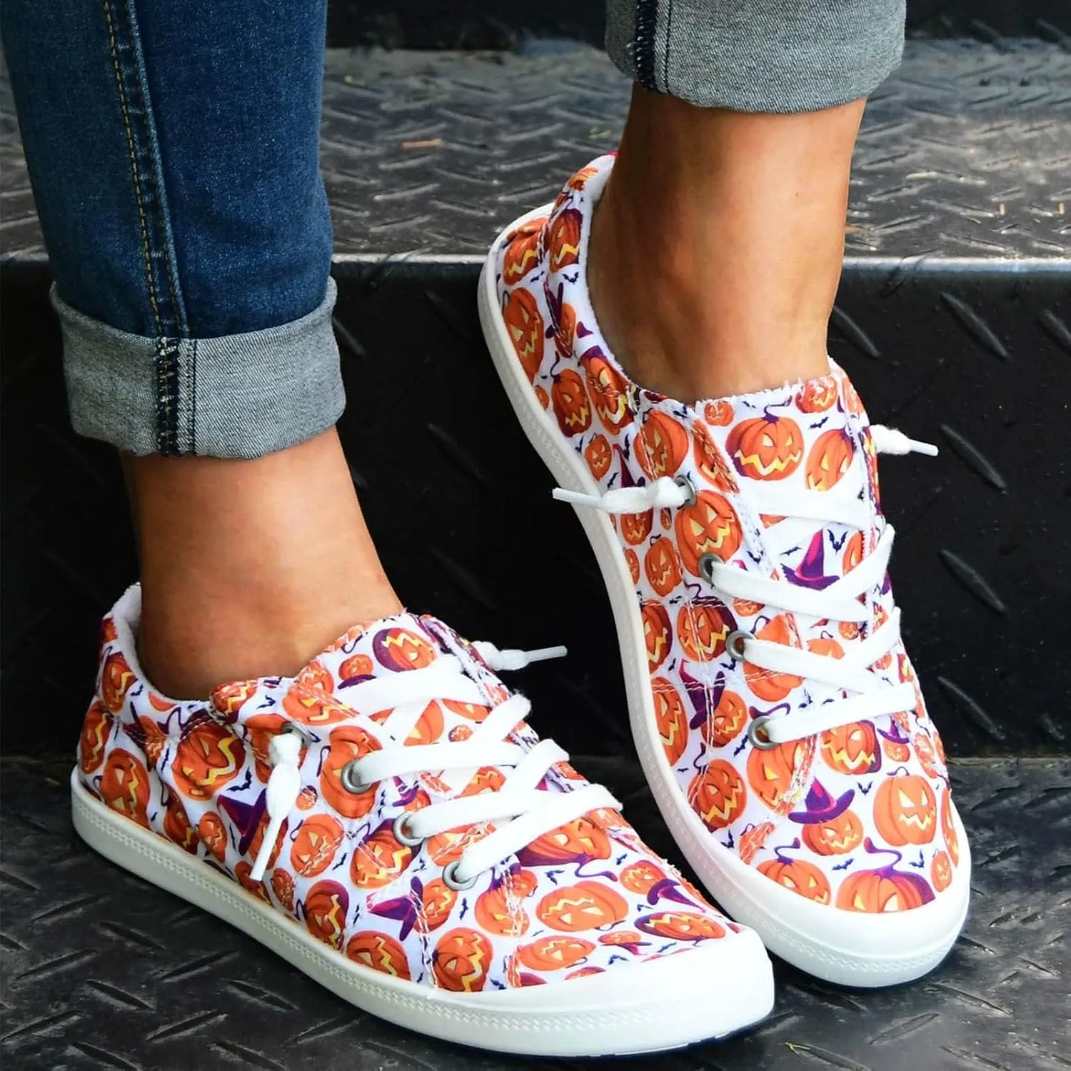 Women's Halloween Canvas Shoes Casual Slip On Loafers Skull Pumpkin Printed Low Top Canvas Sneakers Soft Sole Comfort Flat Tennis Walking Shoes