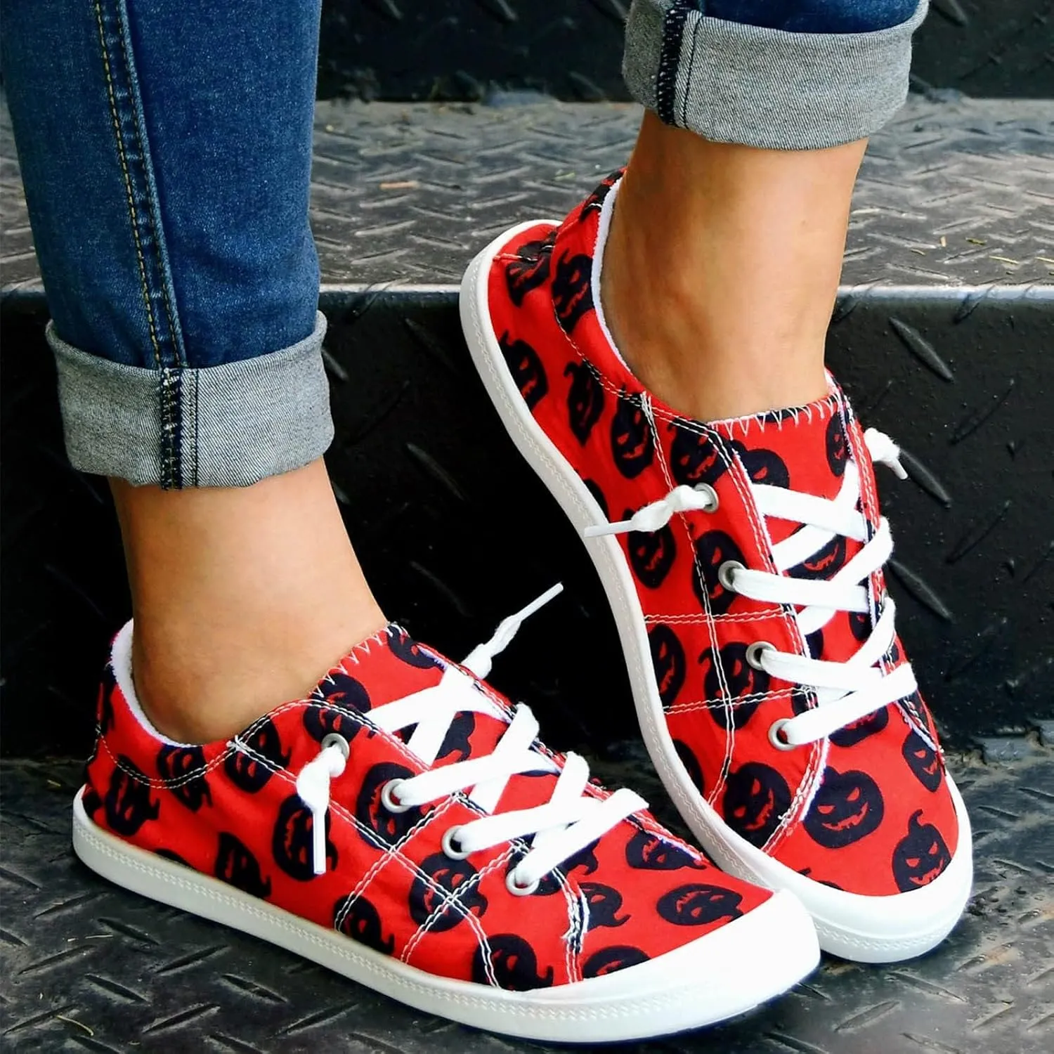Women's Halloween Canvas Shoes Casual Slip On Loafers Skull Pumpkin Printed Low Top Canvas Sneakers Soft Sole Comfort Flat Tennis Walking Shoes
