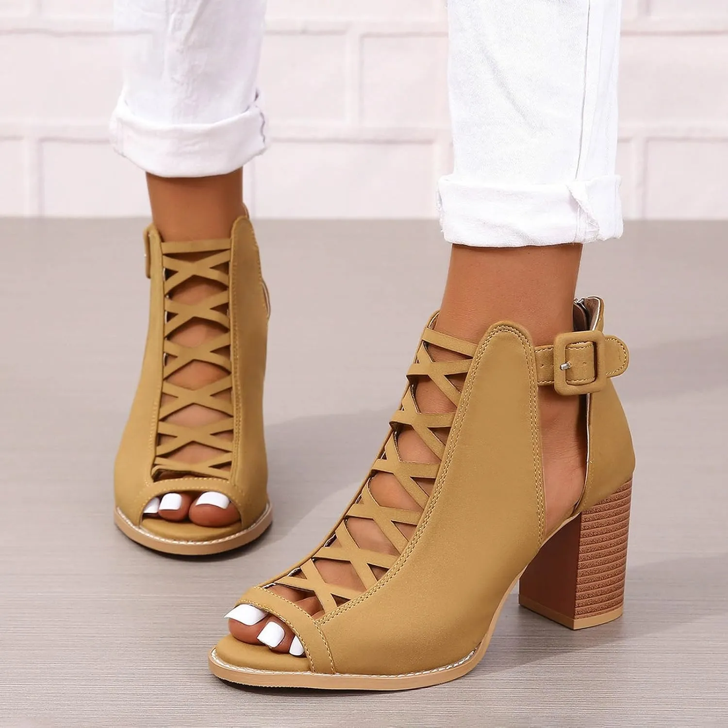 Women's Open Toe Booties with Block Heel and Side Comfortable and Stylish Cut Out Design Dollhouse Boots for Women