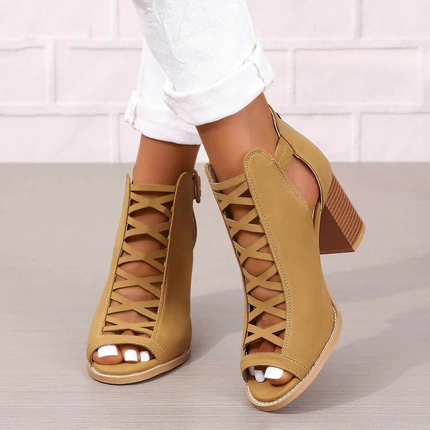 Women's Open Toe Booties with Block Heel and Side Comfortable and Stylish Cut Out Design Dollhouse Boots for Women