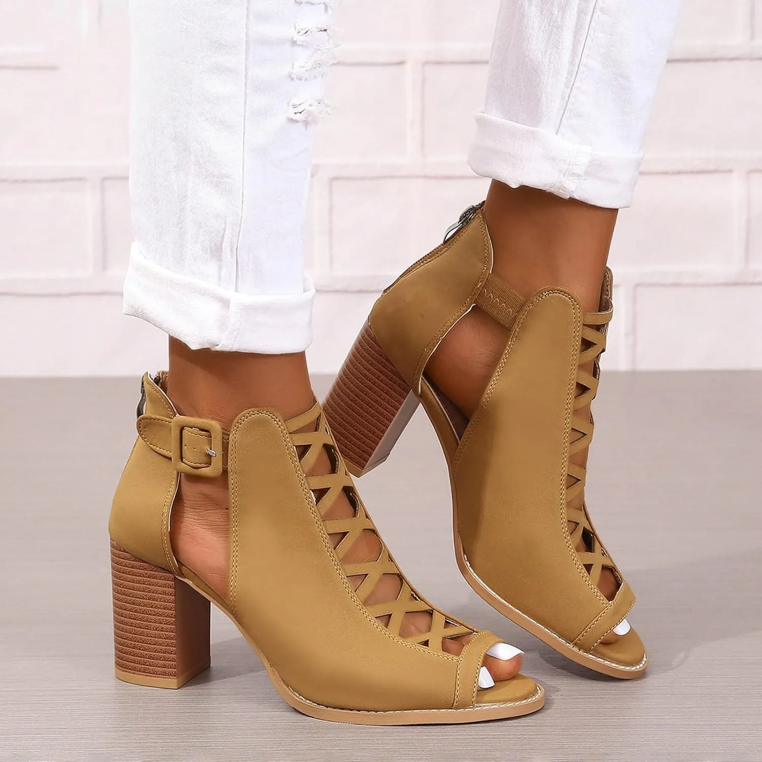 Women's Open Toe Booties with Block Heel and Side Comfortable and Stylish Cut Out Design Dollhouse Boots for Women