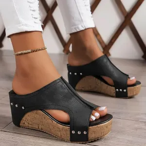 Women's Platform Wedge Sandals, Comfortable Open Toe Cork Casual & Dressy Summer Shoes Slip On Slides (c-Black, 8.5)