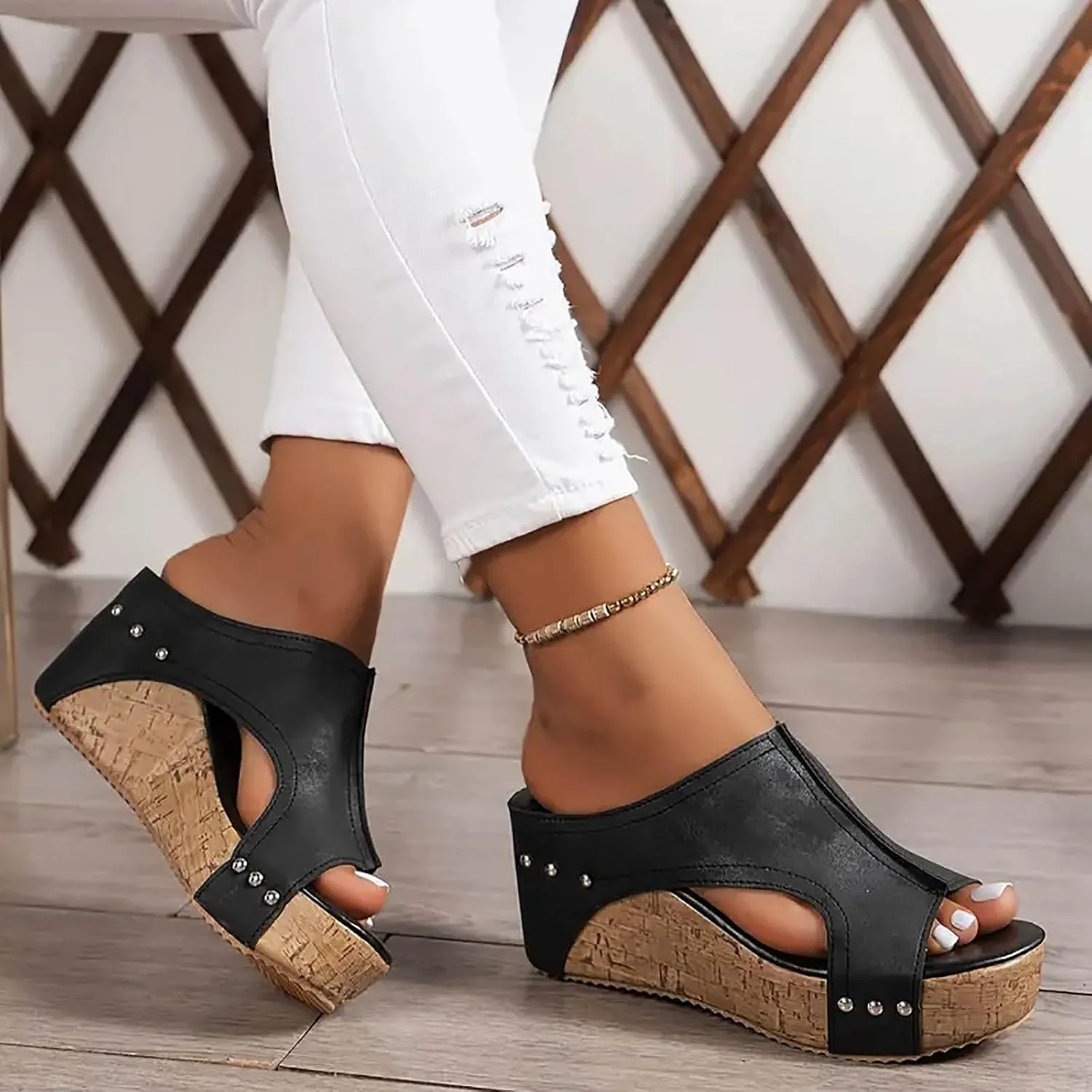 Women's Platform Wedge Sandals, Comfortable Open Toe Cork Casual & Dressy Summer Shoes Slip On Slides (c-Black, 8.5)