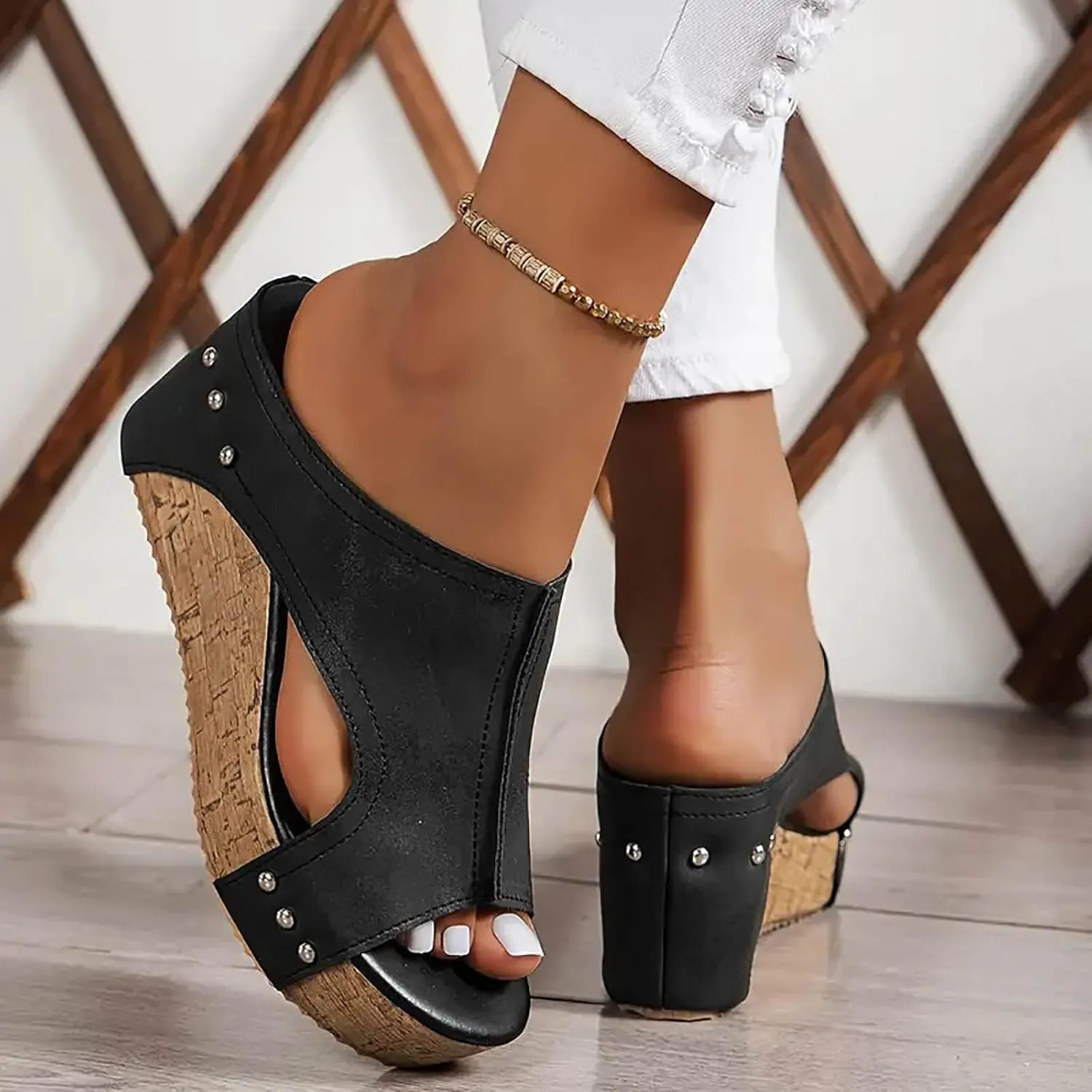 Women's Platform Wedge Sandals, Comfortable Open Toe Cork Casual & Dressy Summer Shoes Slip On Slides (c-Black, 8.5)