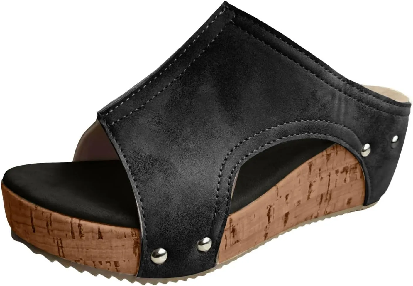 Women's Platform Wedge Sandals, Comfortable Open Toe Cork Casual & Dressy Summer Shoes Slip On Slides (c-Black, 8.5)