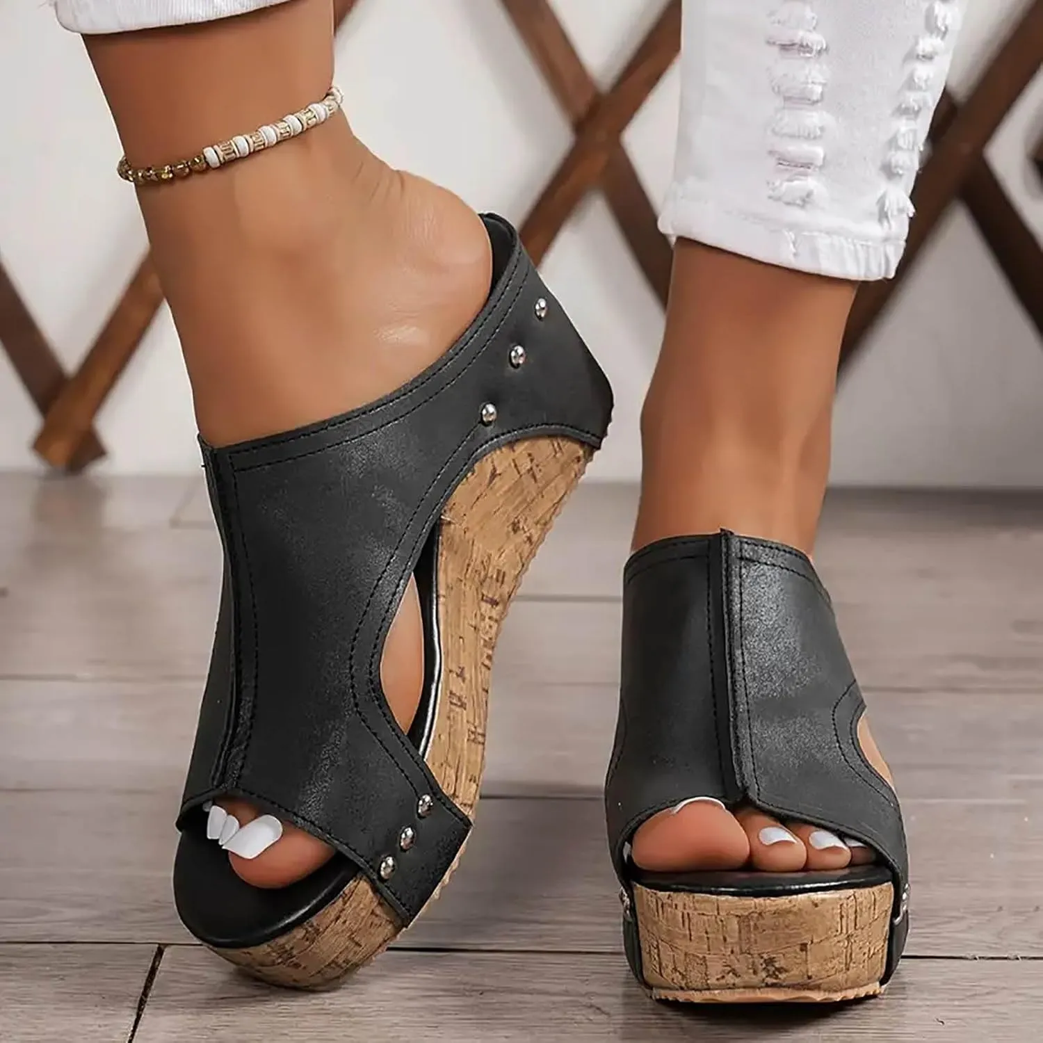 Women's Platform Wedge Sandals, Comfortable Open Toe Cork Casual & Dressy Summer Shoes Slip On Slides (c-Black, 8.5)