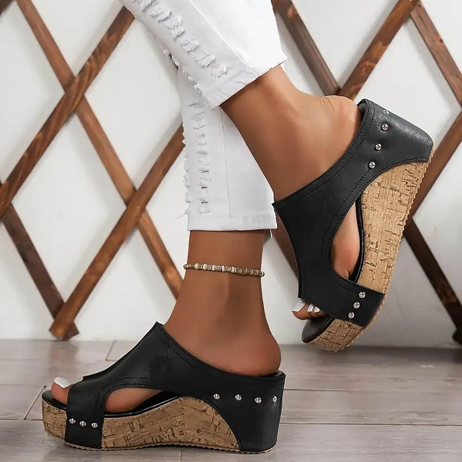 Women's Platform Wedge Sandals, Comfortable Open Toe Cork Casual & Dressy Summer Shoes Slip On Slides (c-Black, 8.5)