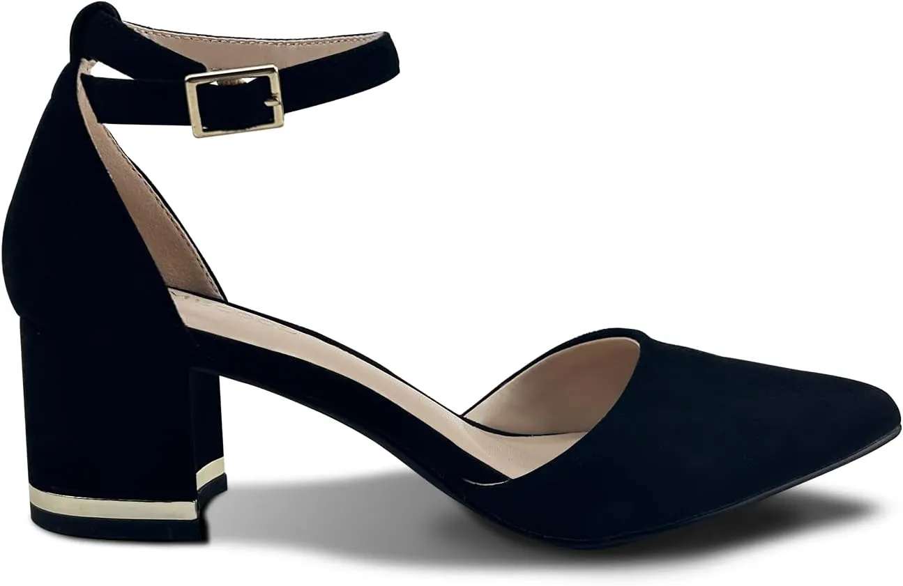 Women's Pointed Toe Low Chunky Heels Pump Shoes, Comfortable Heels for Women, Chunky Ankle Strap Dress Pumps Shoes for Wedding Office Party