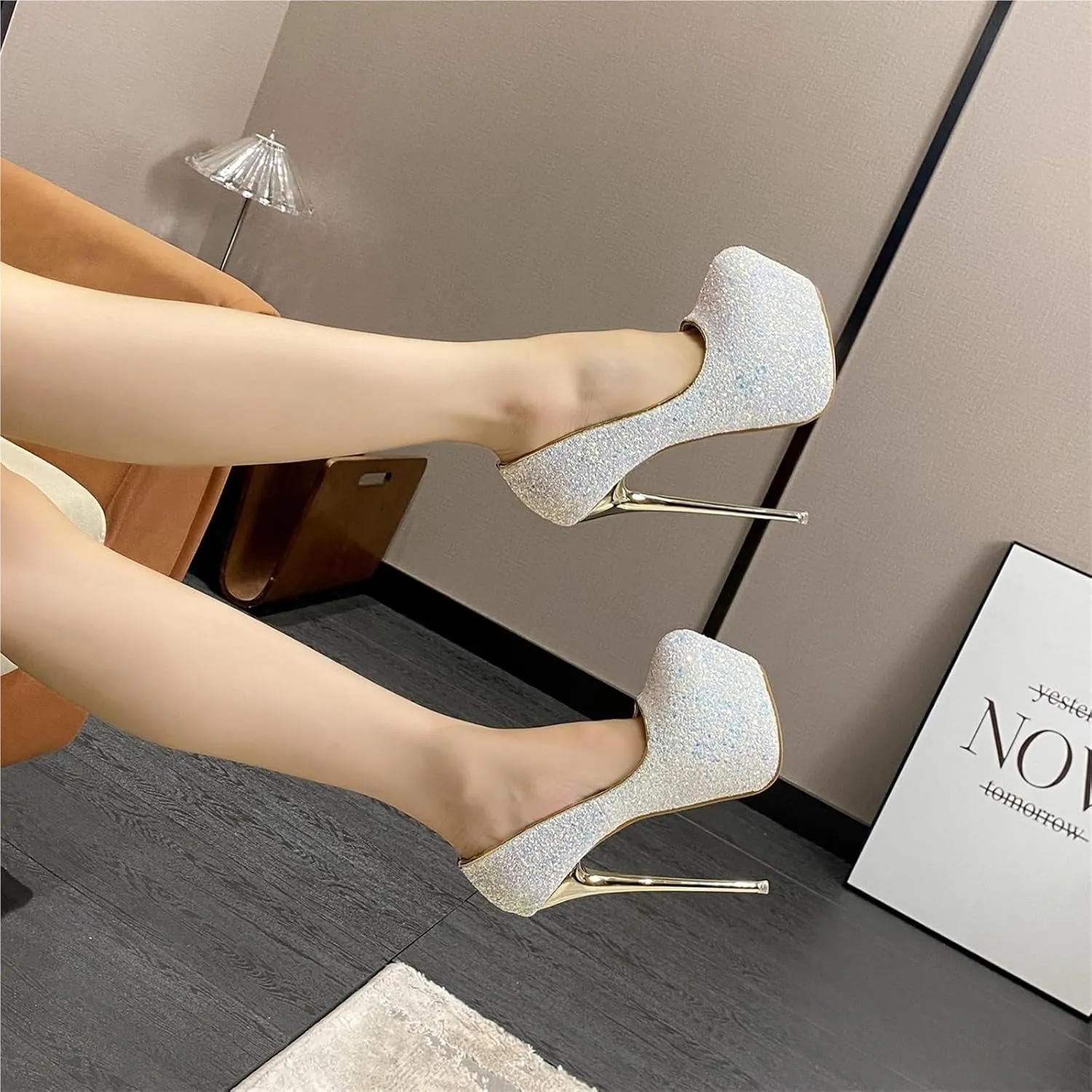 Women's Round Toe Stiletto Pump Elegant Ankle Strap Slip On High Heels Sexy Pumps Boho 6.3" Heel Shoes for Night Club Party Hot