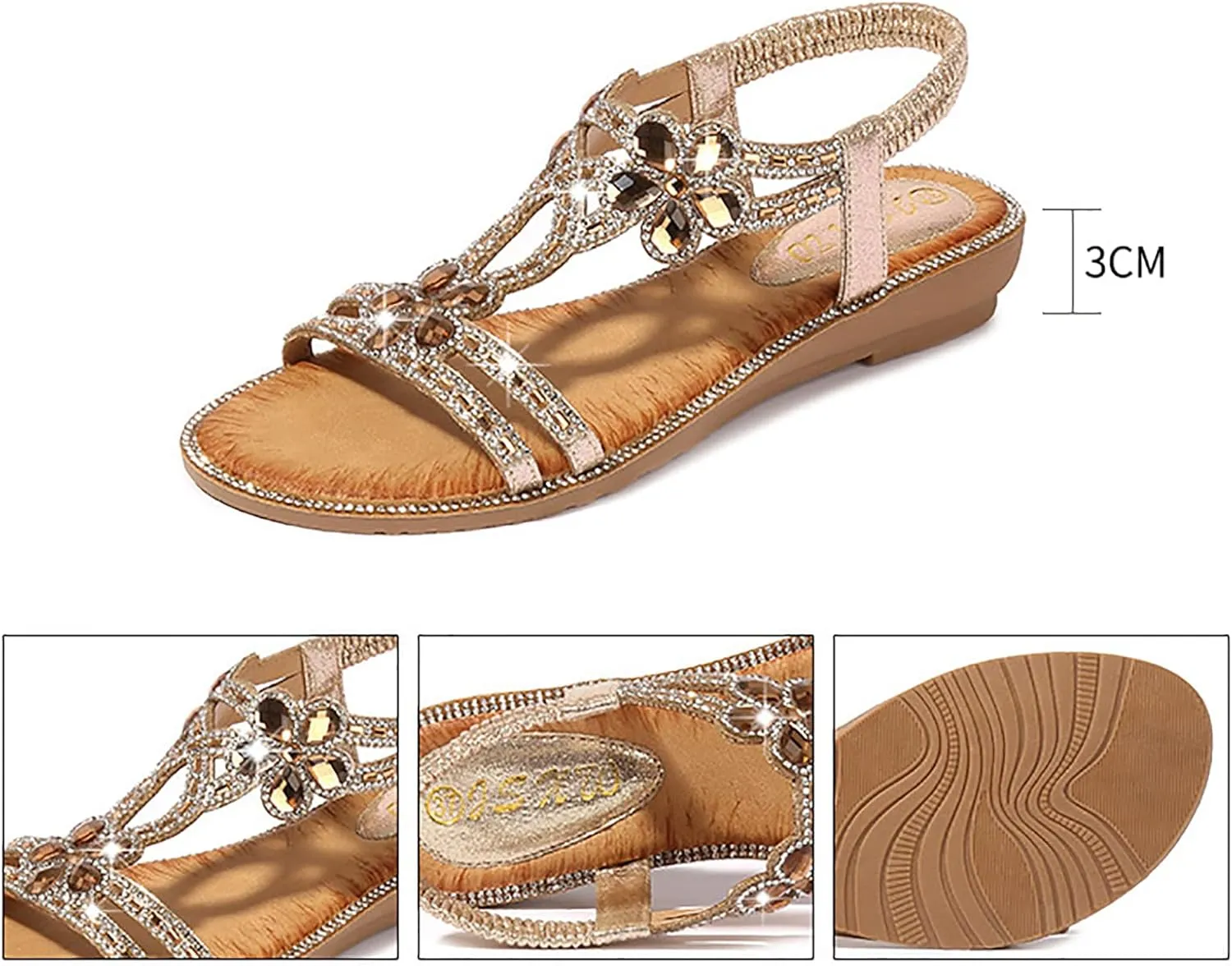 Women's Sandals T-Strap Flower Rhinestone Flat Sandal Dress Beach Shoes Bohemian Pearl Crystal Sandals