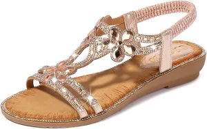 Women's Sandals T-Strap Flower Rhinestone Flat Sandal Dress Beach Shoes Bohemian Pearl Crystal Sandals