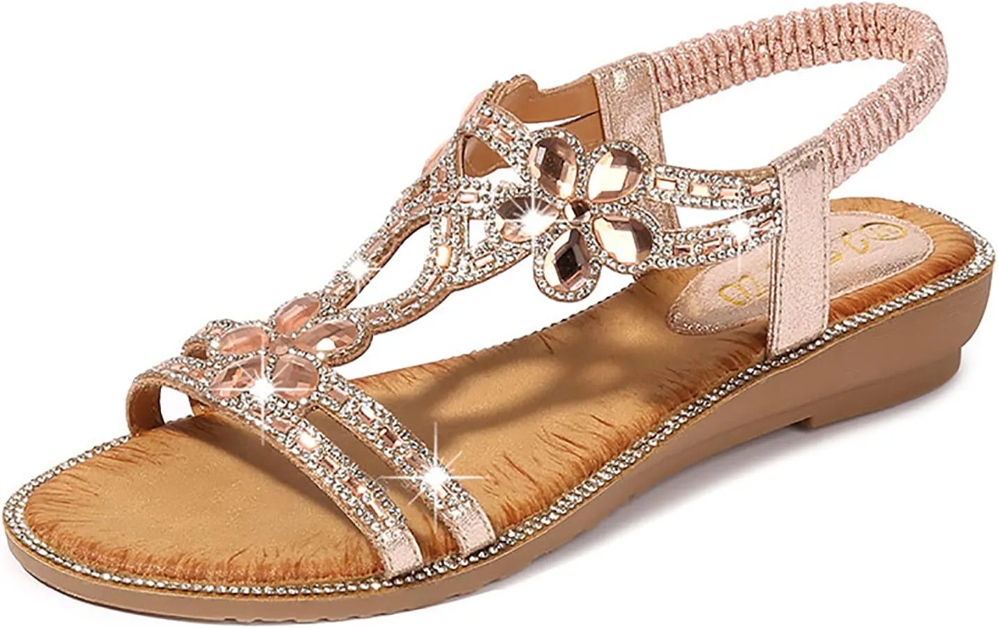 Women's Sandals T-Strap Flower Rhinestone Flat Sandal Dress Beach Shoes Bohemian Pearl Crystal Sandals