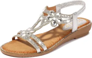 Women's Sandals T-Strap Flower Rhinestone Flat Sandal Dress Beach Shoes Bohemian Pearl Crystal Sandals