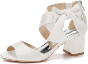 Womens Wedding Shoes Women's Low Block Heel Sandals Satin Bridal Chunky Ankle Strap Zipper Wedding Dress Shoes Low Heel Pump(Ivory,10)