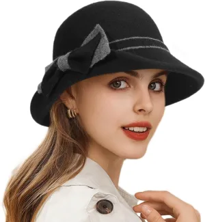 Womens Winter 1920S Vintage Cloche Wool Bucket Hat Packable Ladies Church Derby Party Fashion Cap