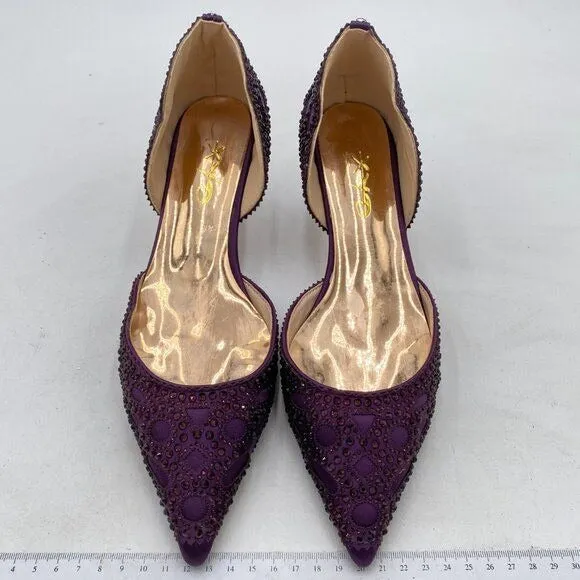 XYD Dark Purple Pointed Toe D'Orsay Kitten Low Heel Rhinestone Stud Wedding Pump