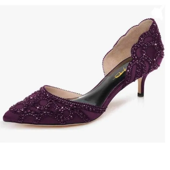 XYD Dark Purple Pointed Toe D'Orsay Kitten Low Heel Rhinestone Stud Wedding Pump
