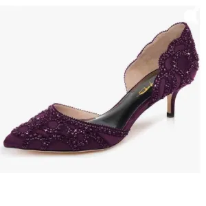 XYD Dark Purple Pointed Toe D'Orsay Kitten Low Heel Rhinestone Stud Wedding Pump