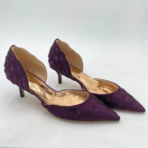XYD Dark Purple Pointed Toe D'Orsay Kitten Low Heel Rhinestone Stud Wedding Pump