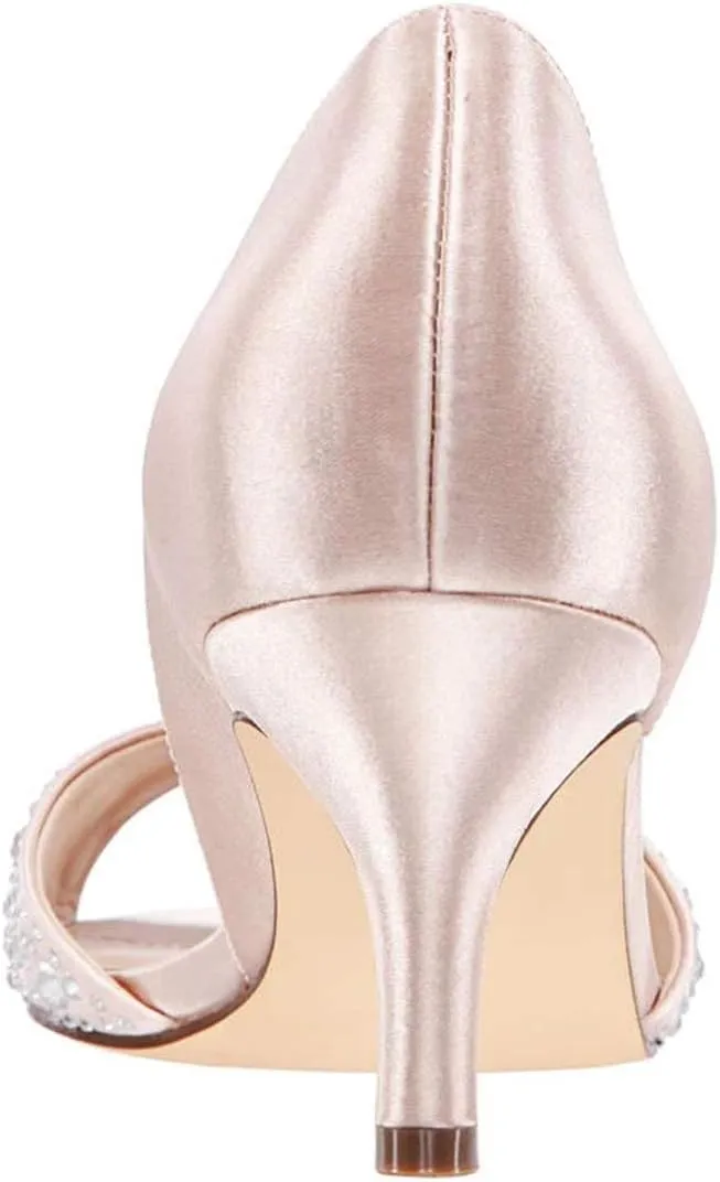 XYD Women Peep Toe Rhinestones Crystals D'Orsay Sandals Sexy Kitten Mid Heel Slip On Evening Wedding Party Graceful Satin Shoes