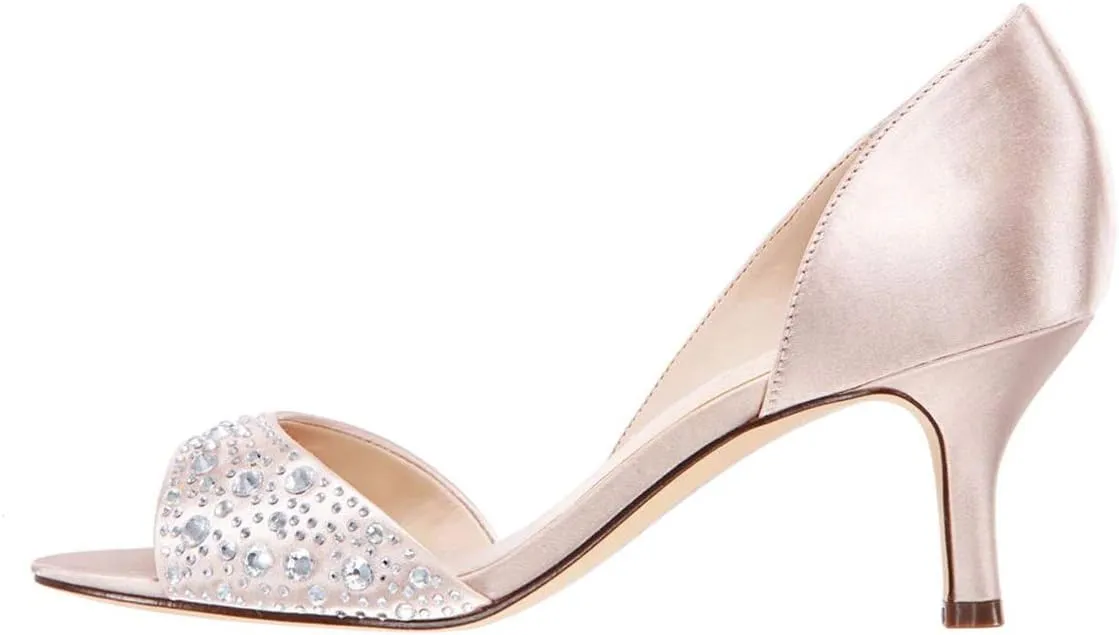 XYD Women Peep Toe Rhinestones Crystals D'Orsay Sandals Sexy Kitten Mid Heel Slip On Evening Wedding Party Graceful Satin Shoes