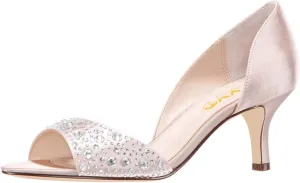 XYD Women Peep Toe Rhinestones Crystals D'Orsay Sandals Sexy Kitten Mid Heel Slip On Evening Wedding Party Graceful Satin Shoes