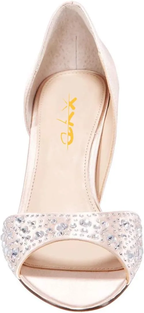 XYD Women Peep Toe Rhinestones Crystals D'Orsay Sandals Sexy Kitten Mid Heel Slip On Evening Wedding Party Graceful Satin Shoes