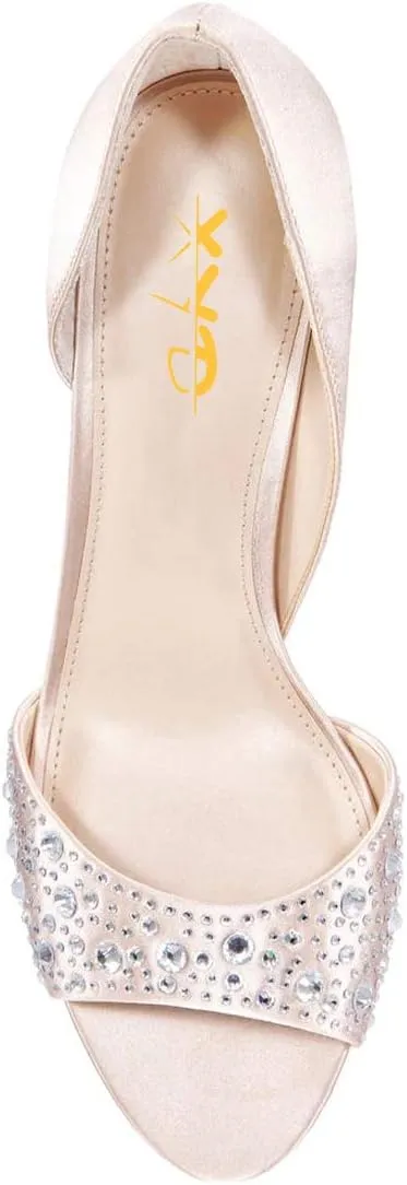 XYD Women Peep Toe Rhinestones Crystals D'Orsay Sandals Sexy Kitten Mid Heel Slip On Evening Wedding Party Graceful Satin Shoes