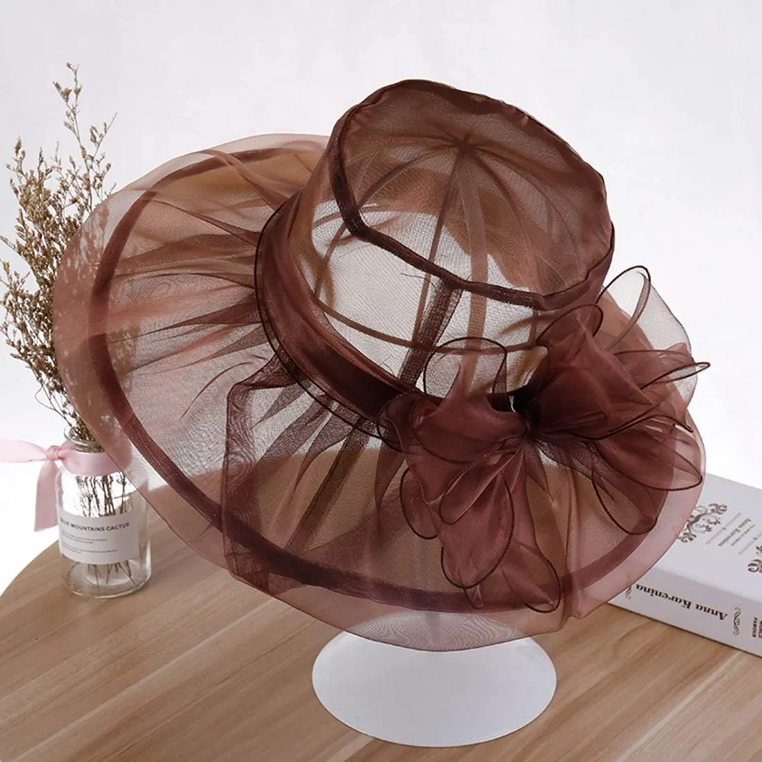 Yatemiole Women's Organza Church Wide Brim Tea Party Wedding Hat Derby Fascinator Cap Kentucky Wedding Hat