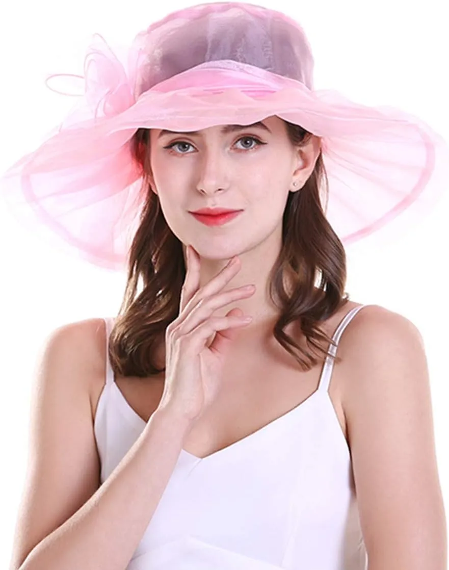 Yatemiole Women's Organza Church Wide Brim Tea Party Wedding Hat Derby Fascinator Cap Kentucky Wedding Hat