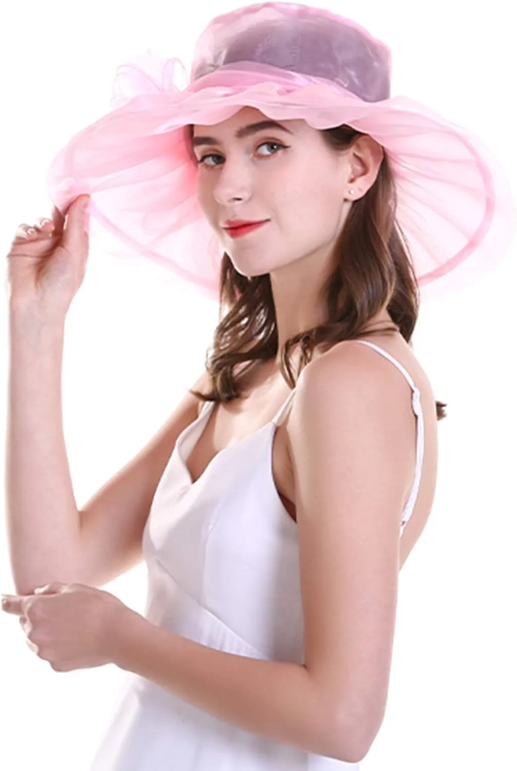 Yatemiole Women's Organza Church Wide Brim Tea Party Wedding Hat Derby Fascinator Cap Kentucky Wedding Hat
