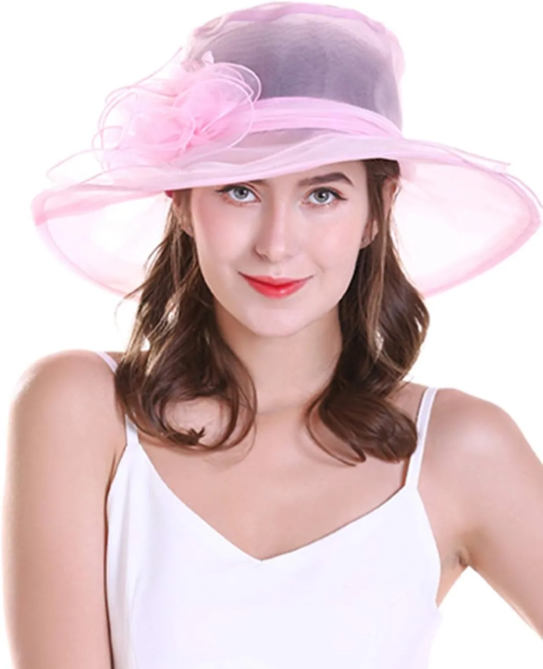 Yatemiole Women's Organza Church Wide Brim Tea Party Wedding Hat Derby Fascinator Cap Kentucky Wedding Hat