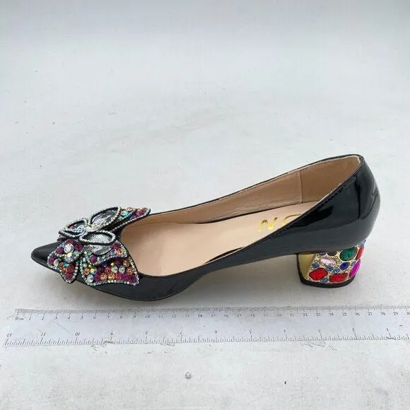 YDN Black Pointed Toe Bow Pump Colorful Rhinestone Block Low Heel Butterfly Shoe