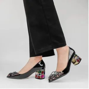 YDN Black Pointed Toe Bow Pump Colorful Rhinestone Block Low Heel Butterfly Shoe