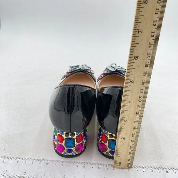 YDN Black Pointed Toe Bow Pump Colorful Rhinestone Block Low Heel Butterfly Shoe