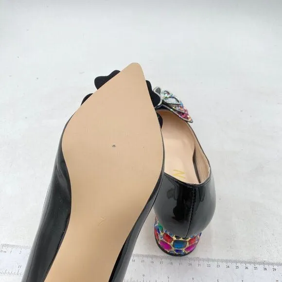 YDN Black Pointed Toe Bow Pump Colorful Rhinestone Block Low Heel Butterfly Shoe