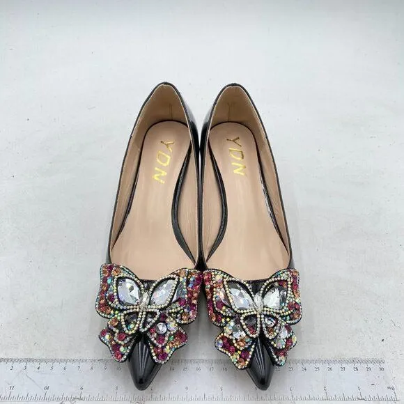 YDN Black Pointed Toe Bow Pump Colorful Rhinestone Block Low Heel Butterfly Shoe