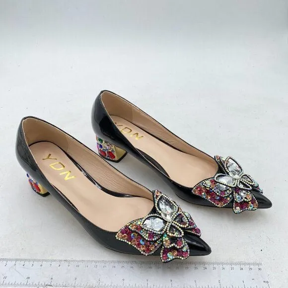 YDN Black Pointed Toe Bow Pump Colorful Rhinestone Block Low Heel Butterfly Shoe