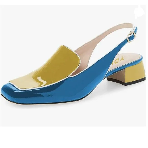YDN Blue and Yellow Closed Square Toe Block Low Heels Slingback Pump