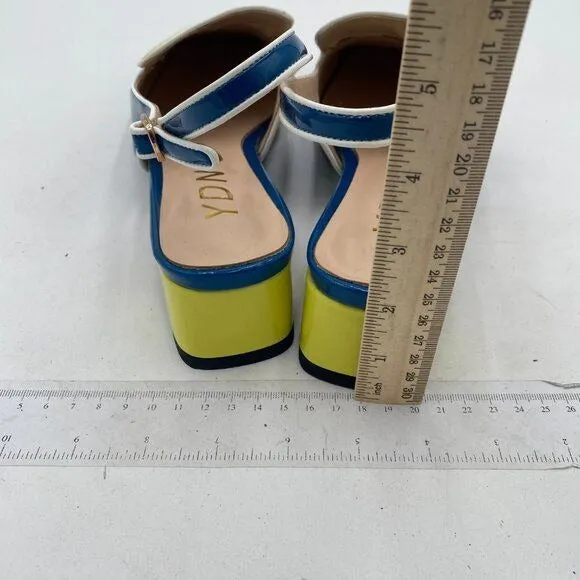 YDN Blue and Yellow Closed Square Toe Block Low Heels Slingback Pump