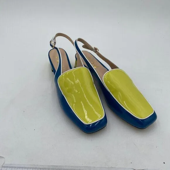 YDN Blue and Yellow Closed Square Toe Block Low Heels Slingback Pump