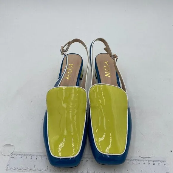 YDN Blue and Yellow Closed Square Toe Block Low Heels Slingback Pump