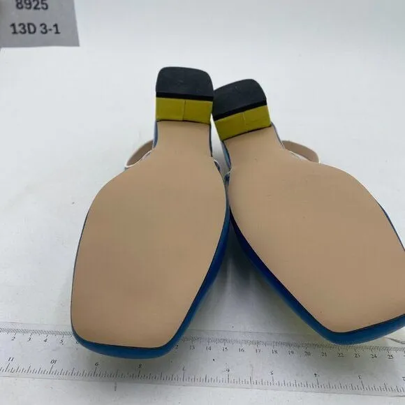 YDN Blue and Yellow Closed Square Toe Block Low Heels Slingback Pump