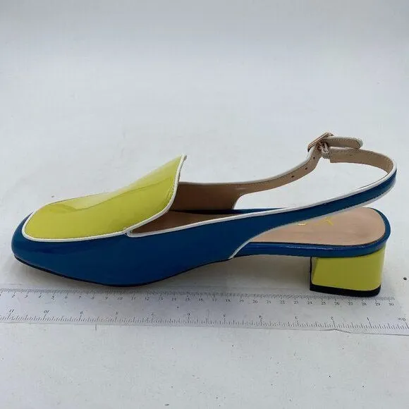 YDN Blue and Yellow Closed Square Toe Block Low Heels Slingback Pump