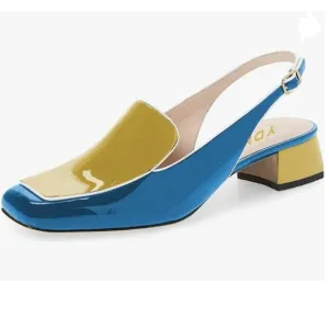 YDN Blue and Yellow Closed Square Toe Block Low Heels Slingback Pump