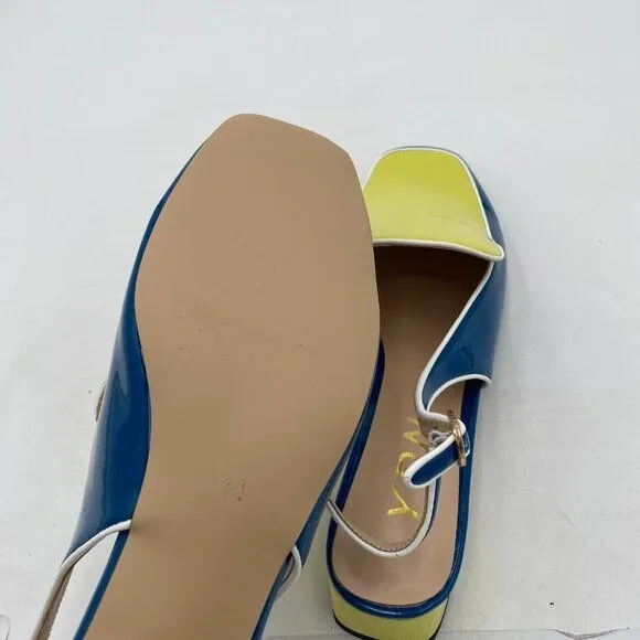 YDN Blue and Yellow Closed Square Toe Block Low Heels Slingback Pump