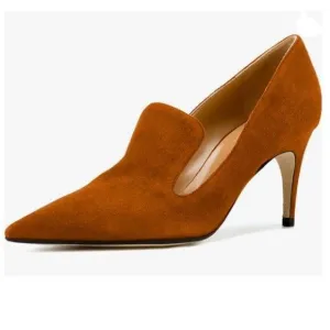 YDN Brown Slip on Loafer Stilettos Heels Pumps Pointy Toe Slide Suede Prom Shoes