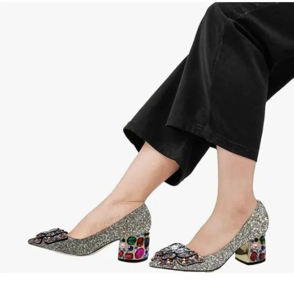 YDN Silver Glitter Pointed Toe Bow Pump Rhinestone Block Low Heel Butterfly Shoe