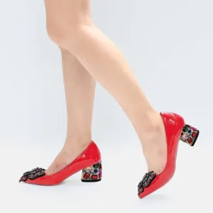 YDN Women Pointed Toe Bow Pump Colorful Rhinestone Block Low Heel Butter…