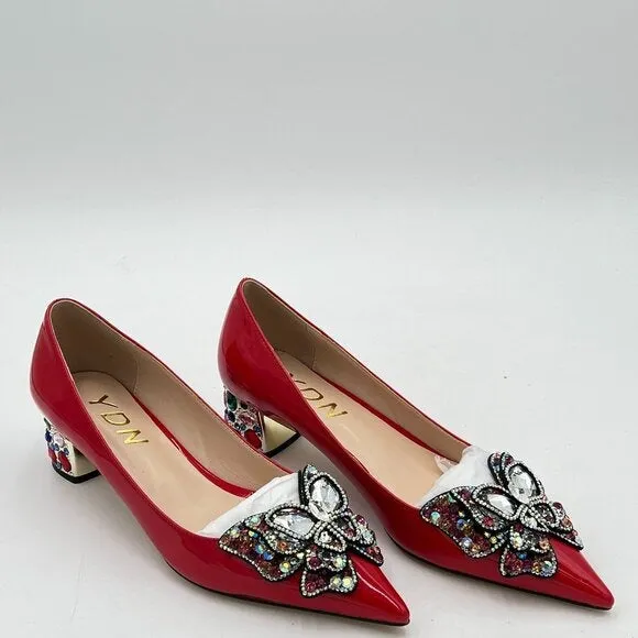 YDN Women Pointed Toe Bow Pump Colorful Rhinestone Block Low Heel Butter…